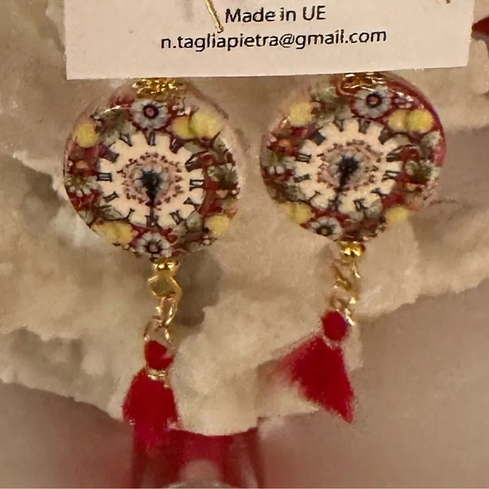 Dolce Vita x Anthro Rounded Roman Numeral Coral Clock Art Tassel Earrings